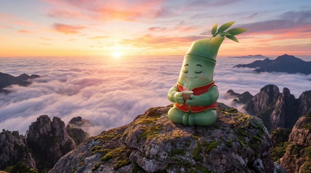 Mascot meditating on a mountain at sunset